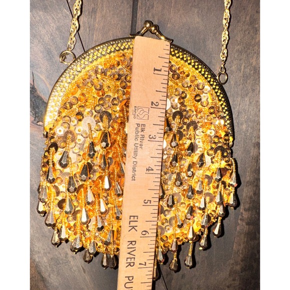 Vintage Gold Sequin Beaded Evening Bag Yellow Satin Kiss Lock Chain Strap Purse - Picture 4 of 7